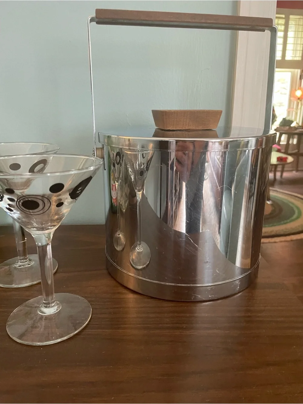 Kromex Stainless Steel Vintage Ice Bucket Teak Wood Hand And Knob MCM